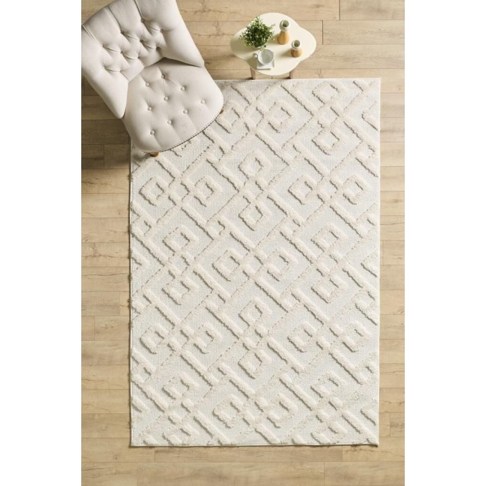 Yumuşak Bukle Tabanlı Modern kabartmalı 3D Labirent Kare Desenli Gri Renkli Halı