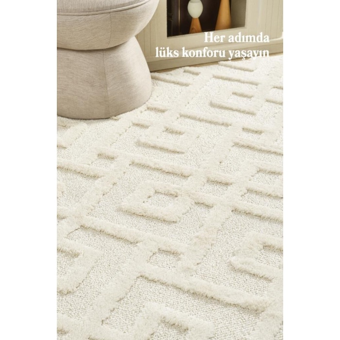 Yumuşak Bukle Tabanlı Modern kabartmalı 3D Labirent Kare Desenli Gri Renkli Halı