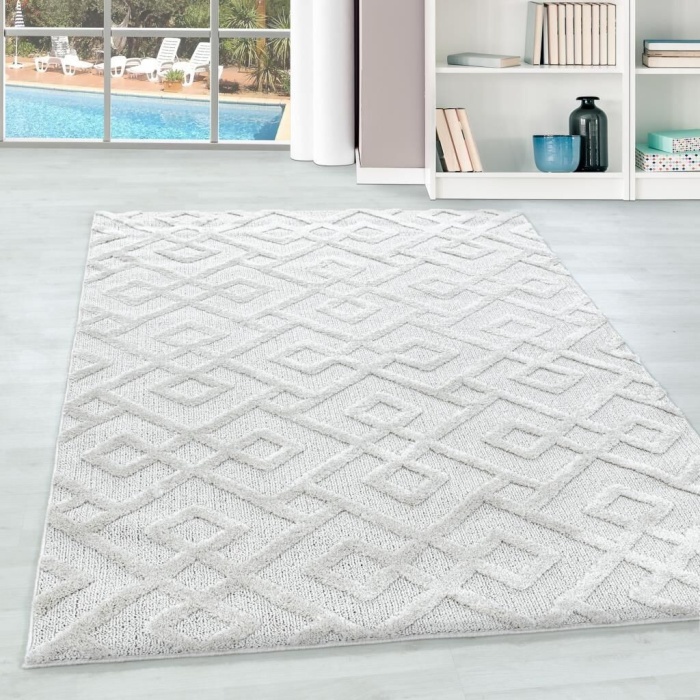 Yumuşak Bukle Tabanlı Modern kabartmalı 3D Labirent Kare Desenli Gri Renkli Halı