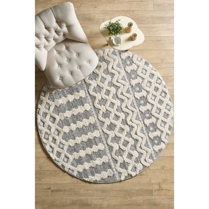 Yuvarlak Halı Yumuşak Bukle Tabanlı Modern Kabartmalı 3D INKA Örgü Desenli Krem Gri Renkli Halı