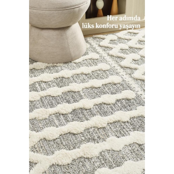 Yuvarlak Halı Yumuşak Bukle Tabanlı Modern Kabartmalı 3D INKA Örgü Desenli Krem Gri Renkli Halı