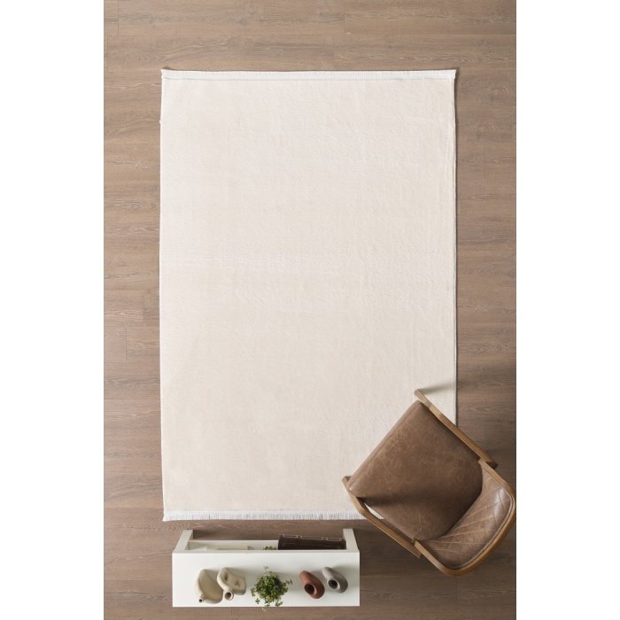 Modern Saçaklı Kaymaz Taban Tavşan Tüyü Kolay Temizlenebilir Yıkanabilir Salon Oturma Odası Yolluk Mutfak Halısı Krem Renk