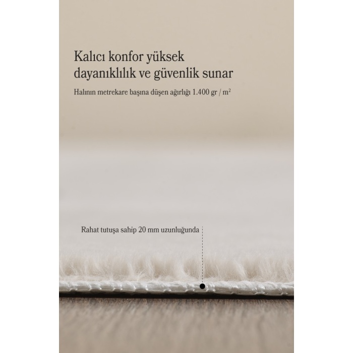 Modern Saçaklı Kaymaz Taban Tavşan Tüyü Kolay Temizlenebilir Yıkanabilir Salon Oturma Odası Yolluk Mutfak Halısı Krem Renk