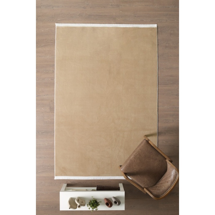 Modern Saçaklı Kaymaz Taban Tavşan Tüyü Kolay Temizlenebilir Yıkanabilir Salon Oturma Odası Yolluk Mutfak Halısı Bej Renk