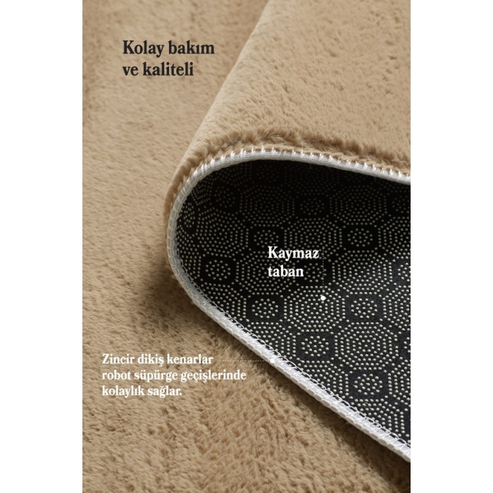 Modern Saçaklı Kaymaz Taban Tavşan Tüyü Kolay Temizlenebilir Yıkanabilir Salon Oturma Odası Yolluk Mutfak Halısı Bej Renk