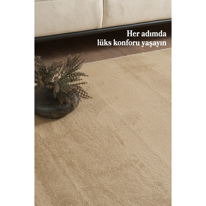 Modern Saçaklı Kaymaz Taban Tavşan Tüyü Kolay Temizlenebilir Yıkanabilir Salon Oturma Odası Yolluk Mutfak Halısı Bej Renk