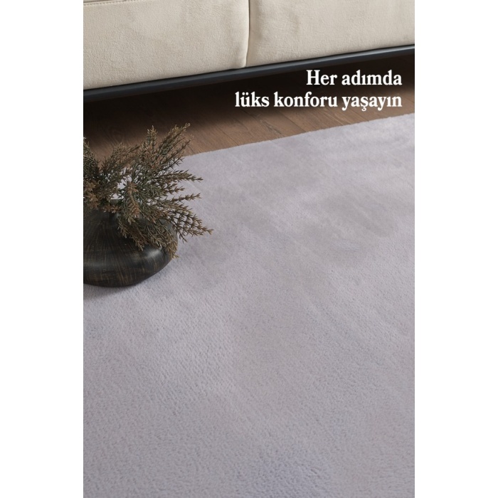 Modern Saçaklı Kaymaz Taban Tavşan Tüyü Kolay Temizlenebilir Yıkanabilir Salon Oturma Odası Yolluk Mutfak Halısı Açık Gri Renk