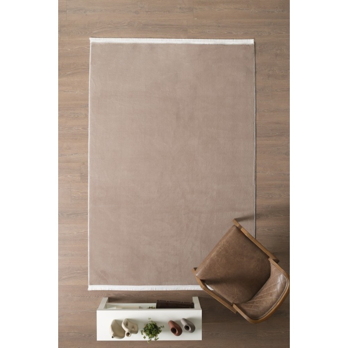 Modern Saçaklı Kaymaz Taban Tavşan Tüyü Kolay Temizlenebilir Yıkanabilir Salon Oturma Odası Yolluk Mutfak Halısı Açık Kahverengi Renk