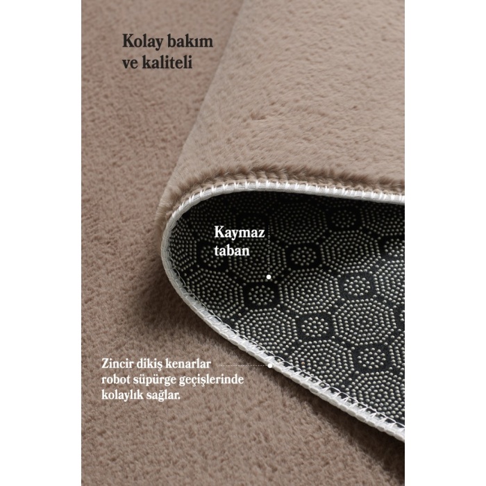 Modern Saçaklı Kaymaz Taban Tavşan Tüyü Kolay Temizlenebilir Yıkanabilir Salon Oturma Odası Yolluk Mutfak Halısı Açık Kahverengi Renk