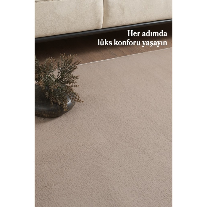 Modern Saçaklı Kaymaz Taban Tavşan Tüyü Kolay Temizlenebilir Yıkanabilir Salon Oturma Odası Yolluk Mutfak Halısı Açık Kahverengi Renk