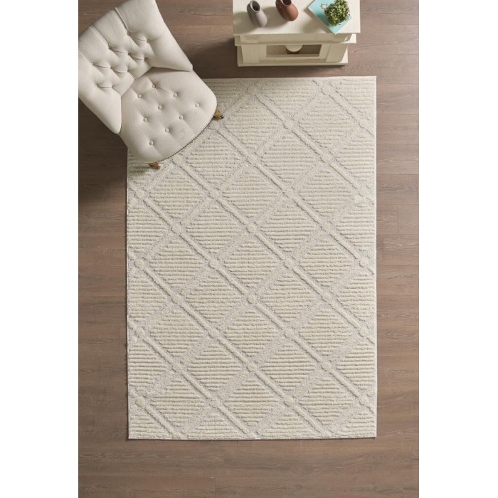 Yumuşak Peluş Tüylü İskandinav desenli Kabarık Bukleli Krem Renkli Halı