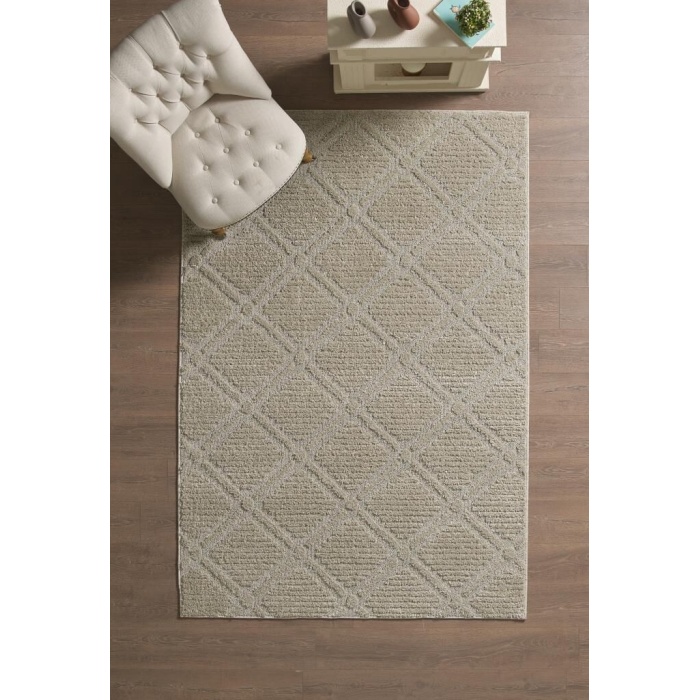 Yumuşak Peluş Tüylü İskandinav desenli Kabarık Bukleli Bej Renkli Halı