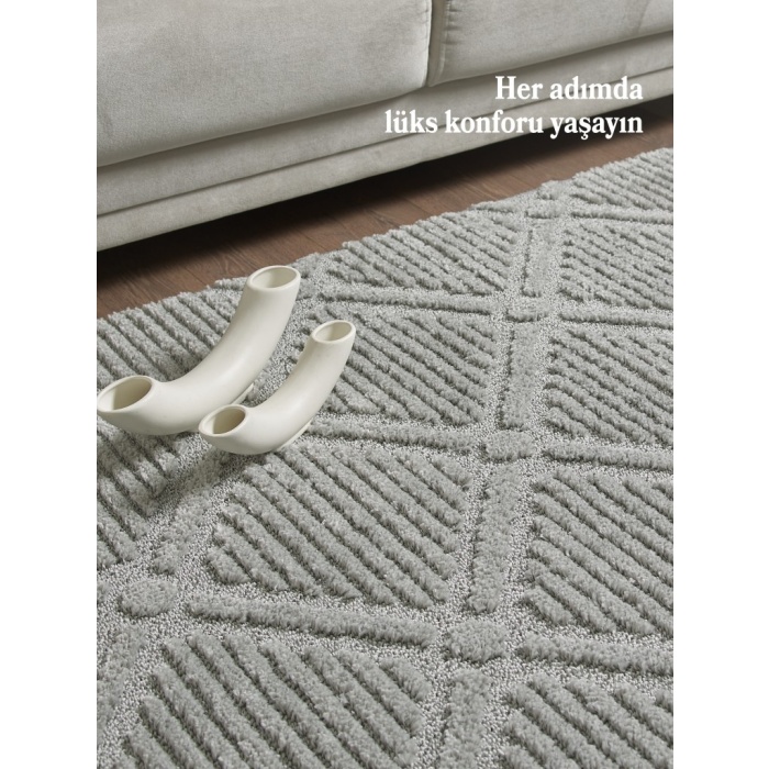 Yumuşak Peluş Tüylü İskandinav desenli Kabarık Bukleli Gri Renkli Halı