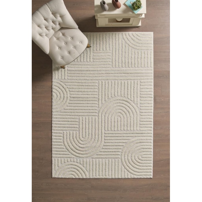 Yumuşak Peluş Tüylü İskandinav desenli Kabarık Bukleli Krem Renkli Halı