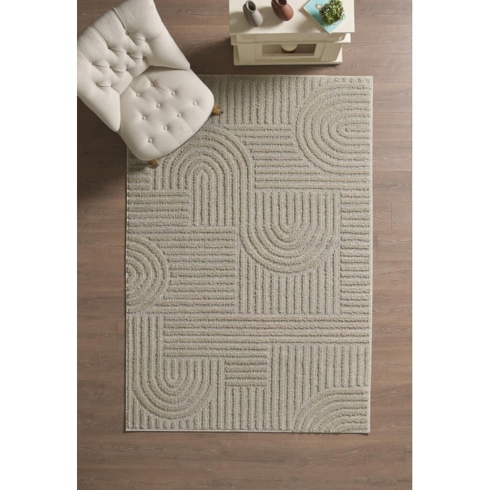 Yumuşak Peluş Tüylü İskandinav desenli Kabarık Bukleli Bej Renkli Halı