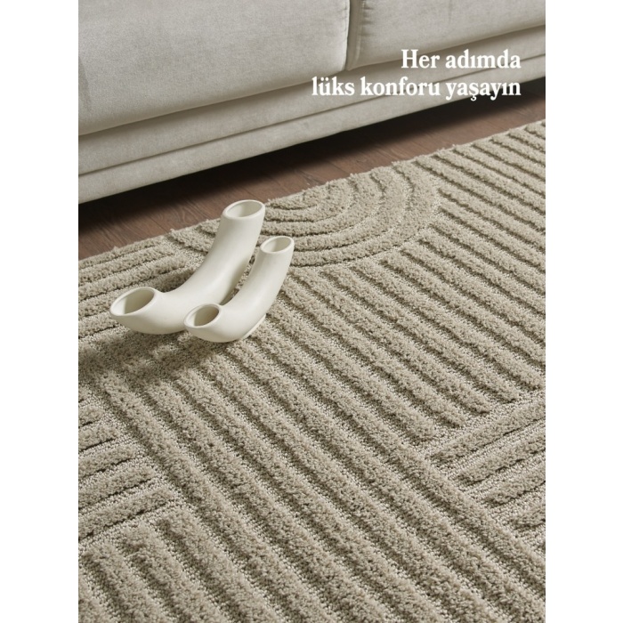 Yumuşak Peluş Tüylü İskandinav desenli Kabarık Bukleli Bej Renkli Halı