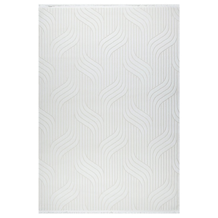 Dalga Desenli Geometrik Motif Tasarımlı Pamuk Tabanlı Salon - Oturma Odası  Krem Renk Halı