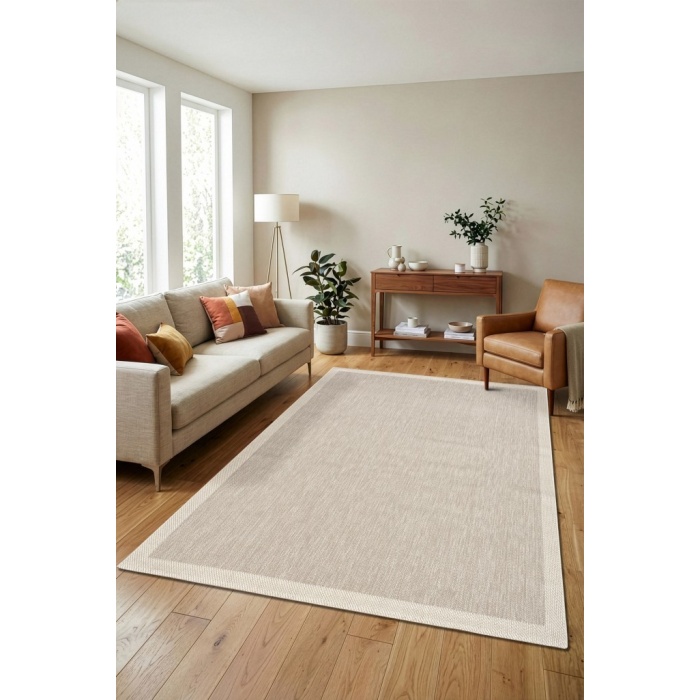 Çerçeveli Bohem Dokunuşlu Doğal Tonlarda Modern Sisal Bej - Krem Renk Halı