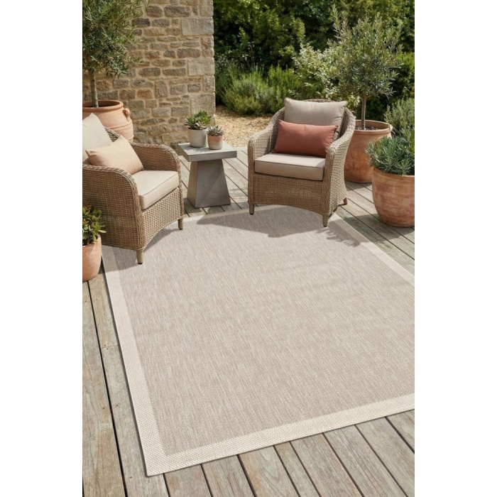 Çerçeveli Bohem Dokunuşlu Doğal Tonlarda Modern Sisal Bej - Krem Renk Halı