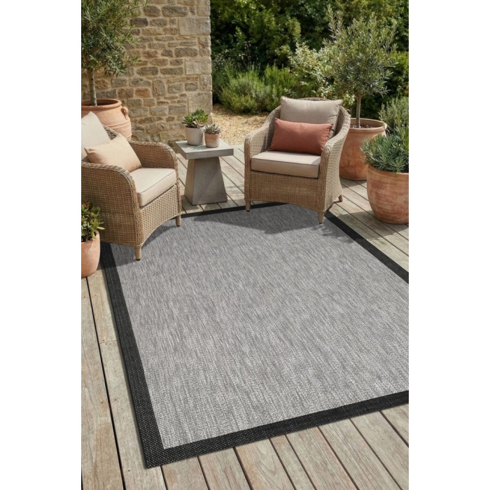 Çerçeveli Bohem Dokunuşlu Doğal Tonlarda Modern Sisal  Siyah Gri Renk Halı