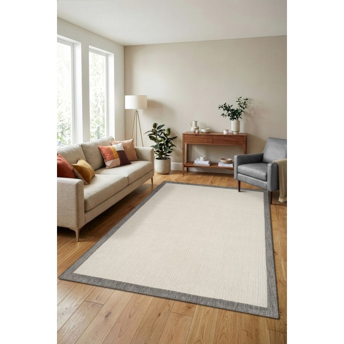 Çerçeveli Bohem Dokunuşlu Doğal Tonlarda Modern Sisal Gri Krem Renk Halı