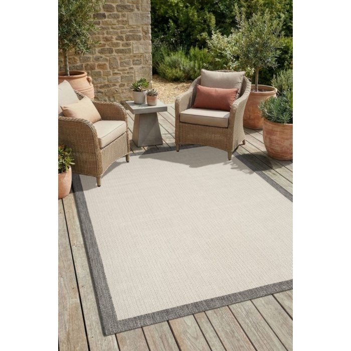 Çerçeveli Bohem Dokunuşlu Doğal Tonlarda Modern Sisal Gri Krem Renk Halı