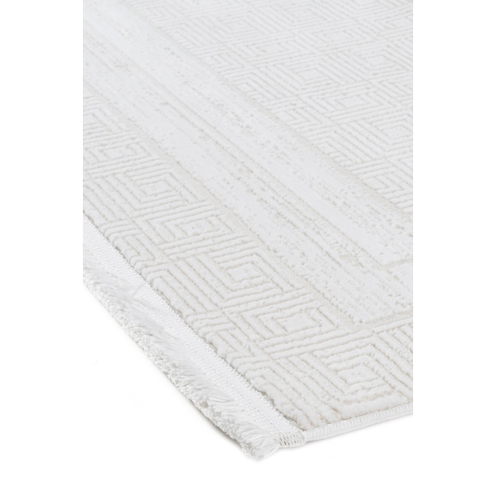 Grid Motifli Geometri Modern Tasarımlı Pamuk Tabanlı Salon - Oturma Odası  Krem Renk Halı