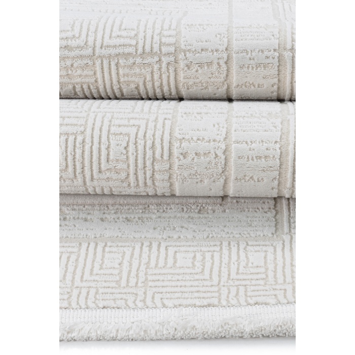 Grid Motifli Geometri Modern Tasarımlı Pamuk Tabanlı Salon - Oturma Odası  Krem Renk Halı