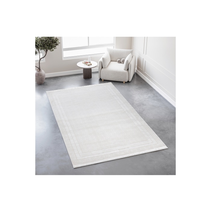 Grid Motifli Geometri Modern Tasarımlı Pamuk Tabanlı Salon - Oturma Odası  Krem Renk Halı