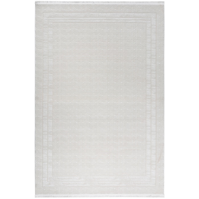 Grid Motifli Geometri Modern Tasarımlı Pamuk Tabanlı Salon - Oturma Odası  Krem Renk Halı