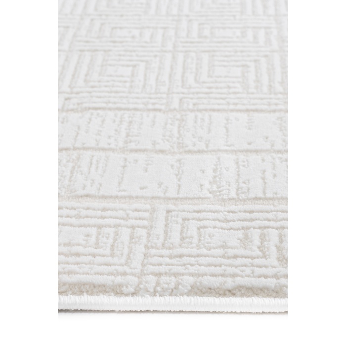 Grid Motifli Geometri Modern Tasarımlı Pamuk Tabanlı Salon - Oturma Odası  Krem Renk Halı