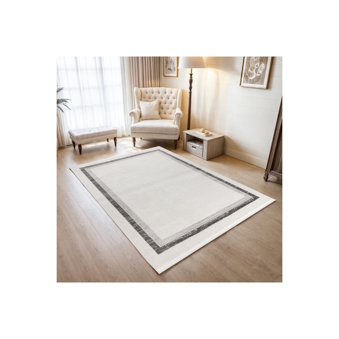 Grid Motifli Geometrik Modern Tasarımlı Pamuk Tabanlı Salon - Oturma Odası  Gri Renk Halı