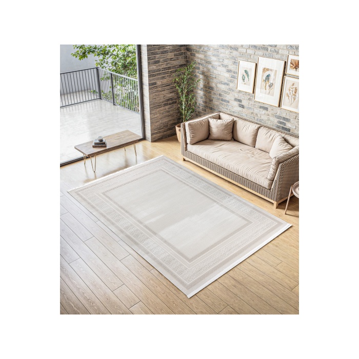 Meander Desenli Pamuk Tabanlı Salon - Oturma Odası  Krem  Renk Halı