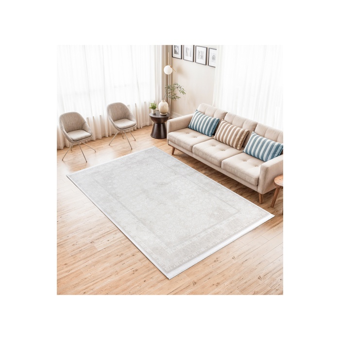 Klasik Medalyon Tasarımlı Pamuk Tabanlı Salon - Oturma Odası  Krem Renk Halı