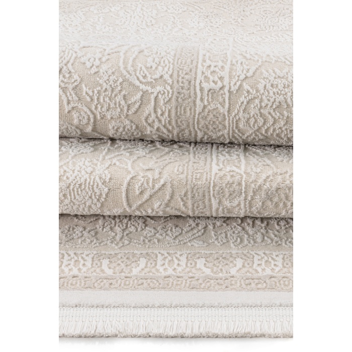 Klasik Medalyon Tasarımlı Pamuk Tabanlı Salon - Oturma Odası  Krem Renk Halı