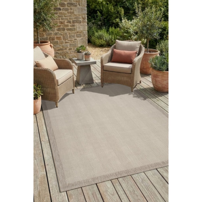 Çerçeveli Bohem Dokunuşlu Doğal Tonlarda Modern Sisal Bej - Krem Renk Halı