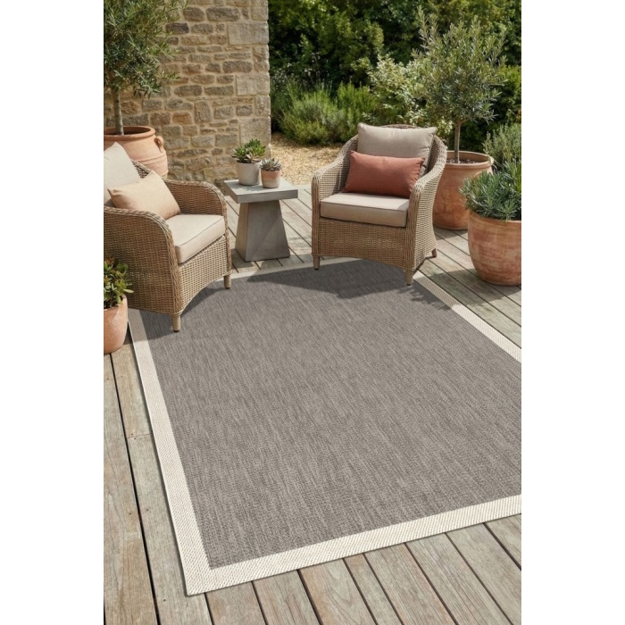 Çerçeveli Bohem Dokunuşlu Doğal Tonlarda Modern Sisal Gri Krem Renk Halı