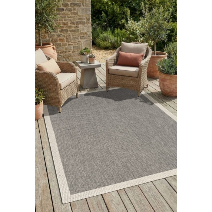 Çerçeveli Bohem Dokunuşlu Doğal Tonlarda Modern Sisal Gri Krem Renk Halı