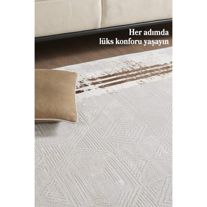 Modern Tasarımlı Pamuk Tabanlı Karo Mermer Desenli Saçaklı  Kahverengi Renkli Halı