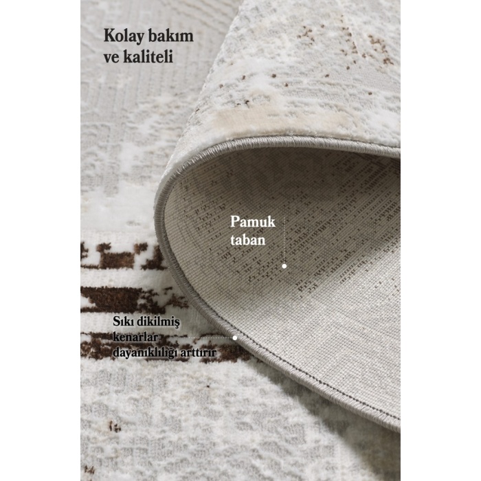Modern Tasarımlı Pamuk Tabanlı Karo Mermer Desenli Saçaklı  Kahverengi Renkli Halı