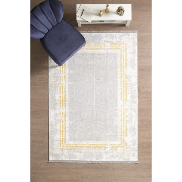 Modern Tasarımlı Pamuk Tabanlı Karo Mermer Desenli Saçaklı Altın Renkli Halı