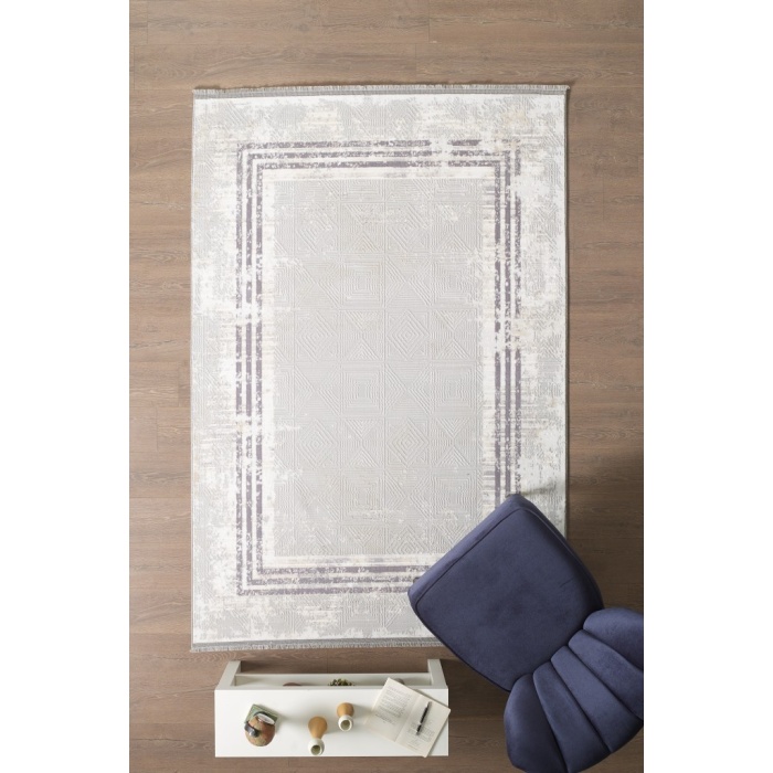 Modern Tasarımlı Pamuk Tabanlı Karo Mermer Desenli Saçaklı  Krem Renkli Halı