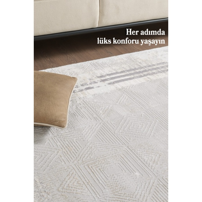 Modern Tasarımlı Pamuk Tabanlı Karo Mermer Desenli Saçaklı  Krem Renkli Halı