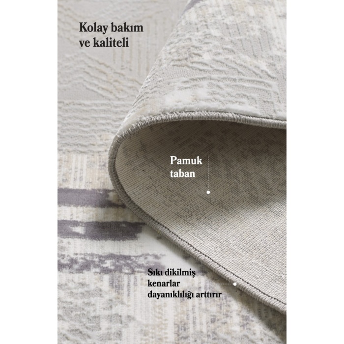 Modern Tasarımlı Pamuk Tabanlı Karo Mermer Desenli Saçaklı  Krem Renkli Halı