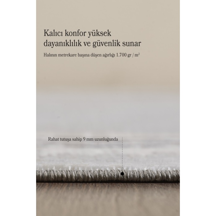 Modern Tasarımlı Pamuk Tabanlı Karo Mermer Desenli Saçaklı  Krem Renkli Halı