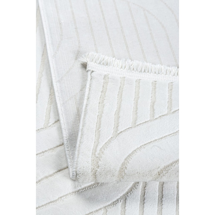 Dalga Desenli Geometrik Motif Tasarımlı Pamuk Tabanlı Salon - Oturma Odası  Krem Renk Halı