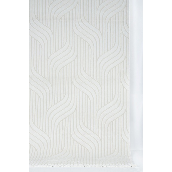 Dalga Desenli Geometrik Motif Tasarımlı Pamuk Tabanlı Salon - Oturma Odası  Krem Renk Halı