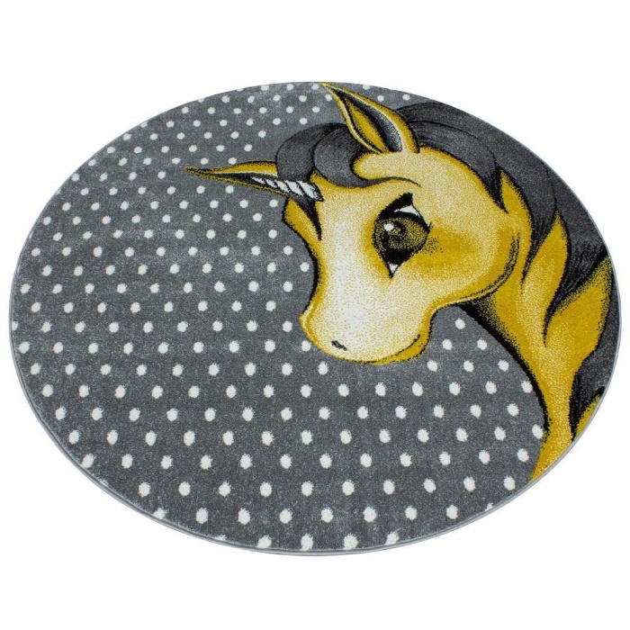 Yuvarlak Halı -  Unicorn Peri Atı Desenli Çocuk halısı Gri Sarı Beyaz renklerde