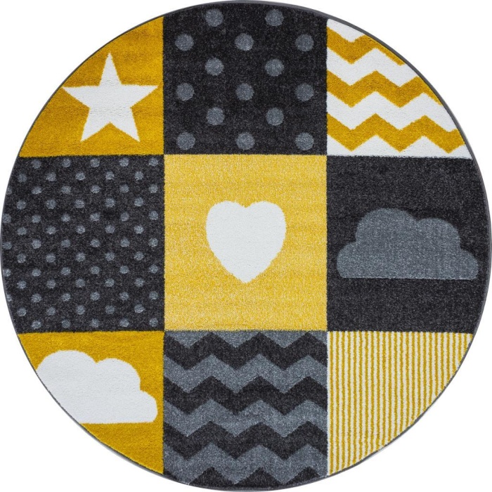 Yuvarlak Halı - Yıldız Kareli Kalp Bulut Desenli Çocuk odası Halısı Gri Sarı Beyaz