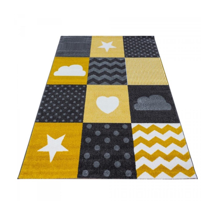 Kareli Yıldız Kalp Bulut Desenli Soft Çocuk odası halısı Gri Sarı Beyaz